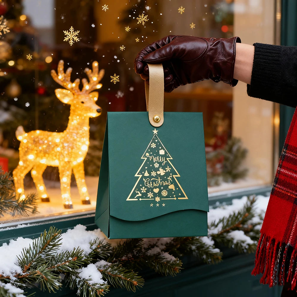 12PCS Christmas Gift Boxes with Leather Handles 'Christmas Tree' Pattern, Christmas Gift Wrapping, Christmas Party Gift Boxes