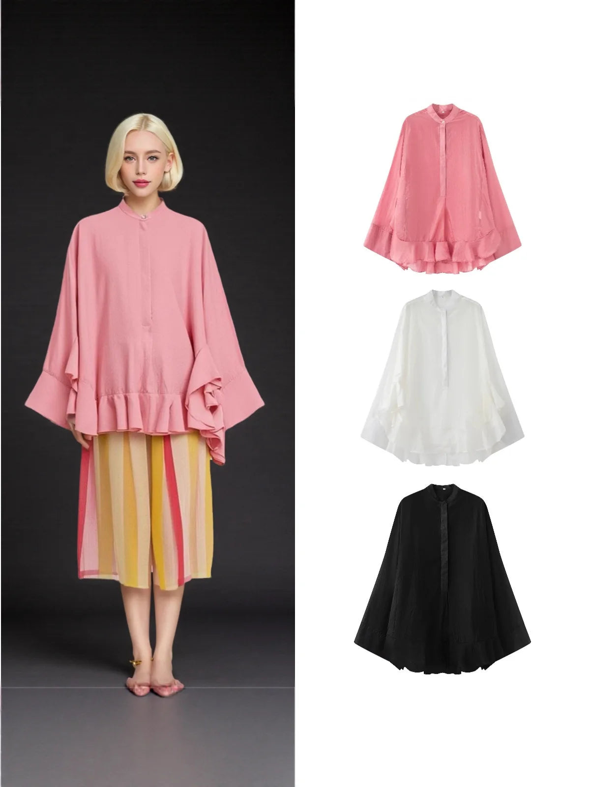 Casual Ruffles Hem Shirts Casual Oversize Women Shirt Tierred Single Breasted Streetwear Shirt Y2K Autumn Pleated Elegant Blouse