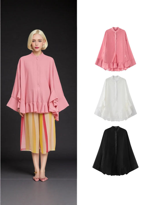 Casual Ruffles Hem Shirts Casual Oversize Women Shirt Tierred Single Breasted Streetwear Shirt Y2K Autumn Pleated Elegant Blouse