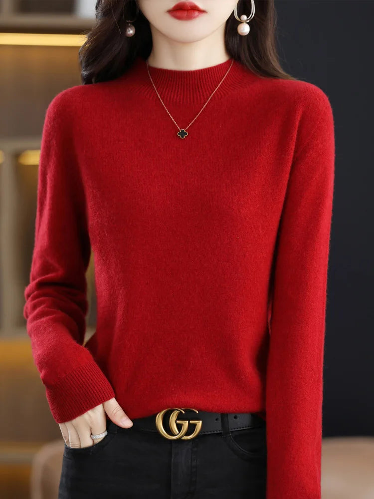 Fashion 100% Wool Sweater Women's Mock-Neck Knitwear Cashmere Pullovers Autumn Winter Long Sleeve Jumpers Clothing Tops