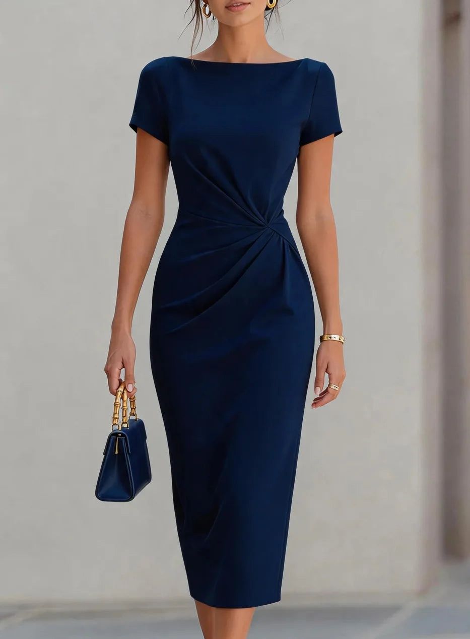 Women Boat Neck Short Sleeve Waist Twist Ruched Bodycon Midi Dress Elegant Solid Office Commuter Pencil Dress