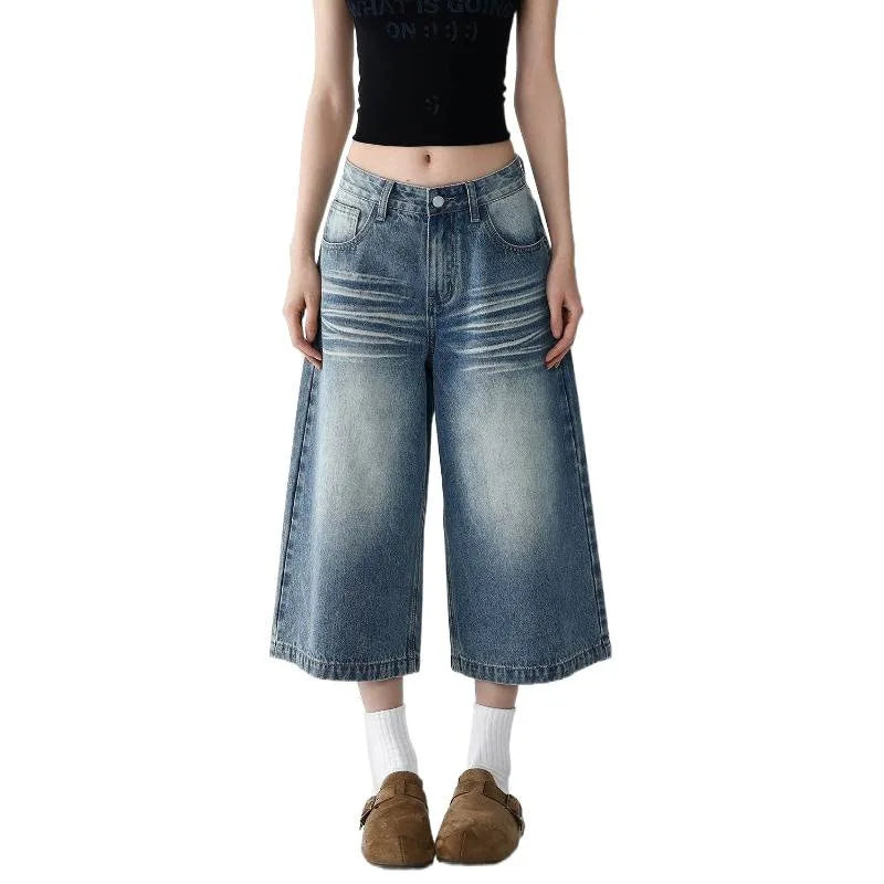 Women Y2K Vintage Light Wash High Waist Cropped Wide Leg Jeans Baggy 7/8 Capri Denim Streetwear Pants