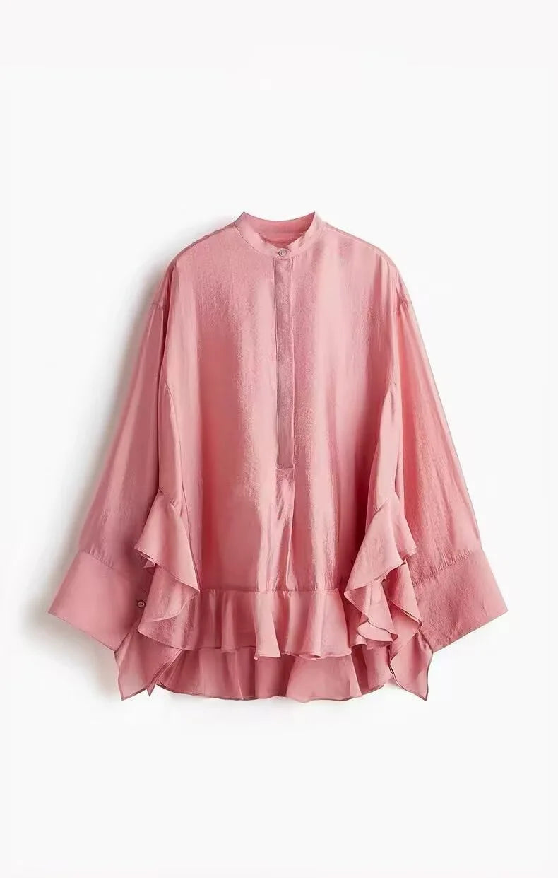 Casual Ruffles Hem Shirts Casual Oversize Women Shirt Tierred Single Breasted Streetwear Shirt Y2K Autumn Pleated Elegant Blouse