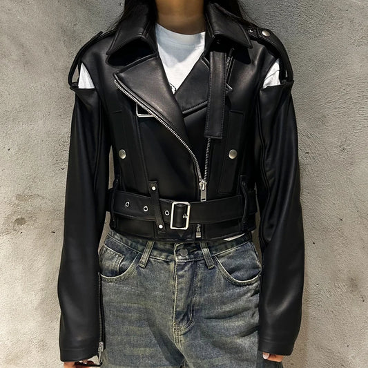 Real Leather Jacket Women Vintage Black Leather Jacket Cropped Jacket With Belt Spring