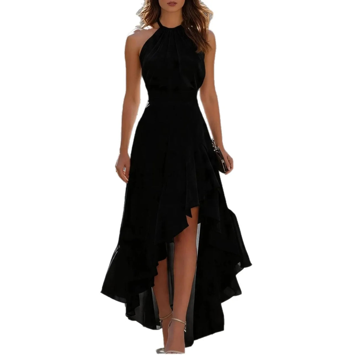 Women Halter Neck Sleeveless High Low Ruffle Hem Maxi Dress Elegant Solid Daily Office Commuter Party Dress
