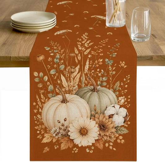 Fall Thanksgiving Pumpkins Floral Linen Table Runner Holiday Party Decor Reusable Kitchen Dining Table Runner Autumn Decoration