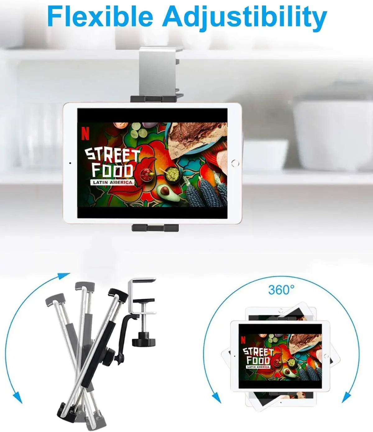 Kitchen Cabinet Tablet Mount Stand for 4-13'' Tablet & Phone Holder Stand Metal Tablets Cellphone Clamp Holder for IPad Air Pro