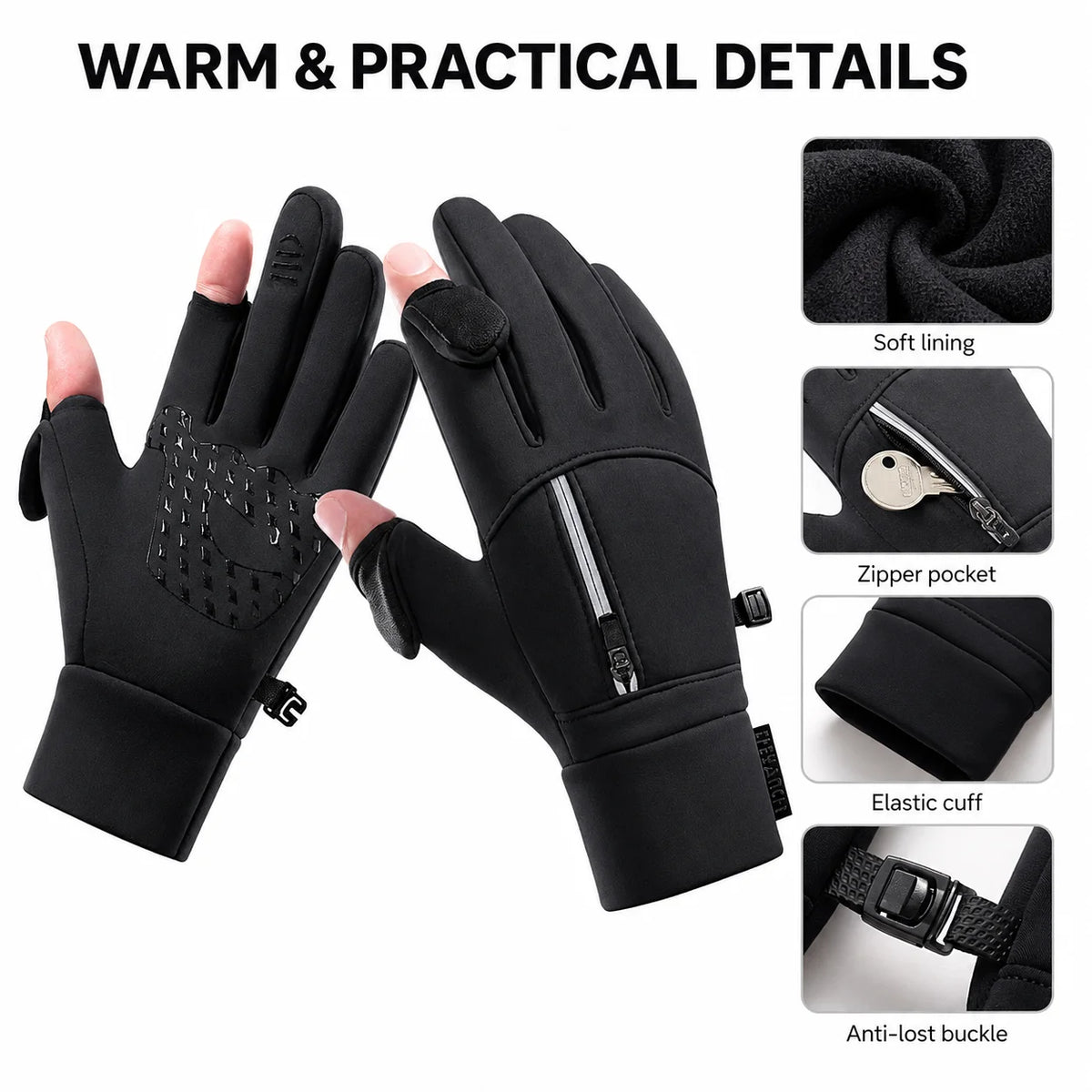 Winter Cycling Gloves with Flip-Open Thumb & Index Finger, Fleece-Lined Touchscreen Anti-Slip Gloves for Fishing and Photography