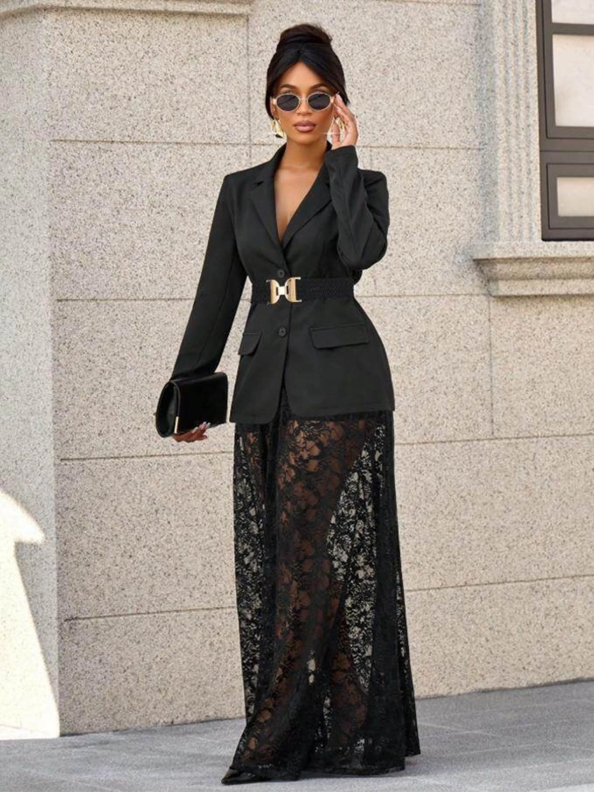 Women's Lapel Long Sleeve Blazer Matching Maxi Skirt Outfit For Street Evening Party Daily Fashion Occasions