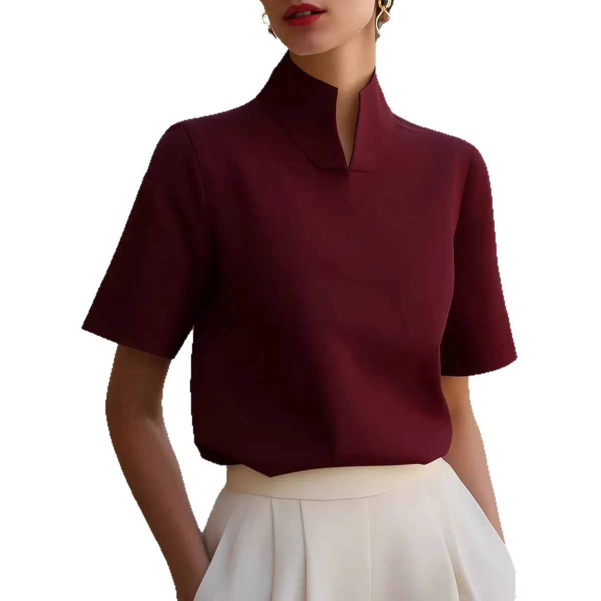 Mandarin Stand Collar Cuffed Short Sleeve Silky Crepe Blouse Women Elegant Office Commuter Shirt