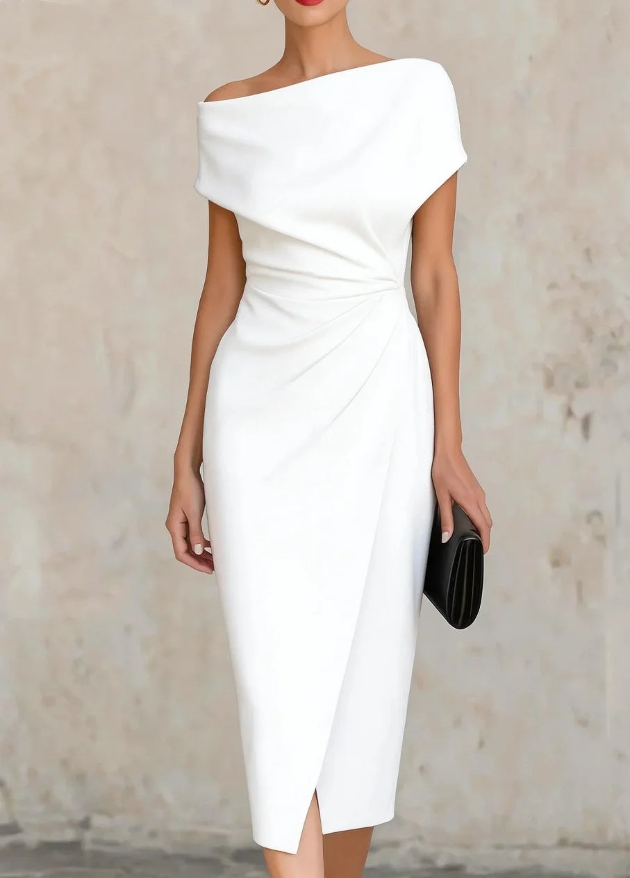 Women's Off Shoulder Ruched Bodycon Midi Dress for Cocktail Party and Formal Events