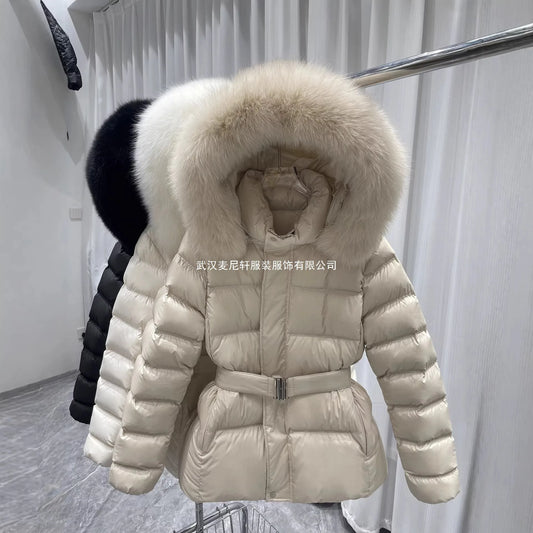 Winter New Parkas Coats Women's Fashion Temperament Big Fur Collar Detachable Tie Waist Warm Hooded Cotton-padded Jacket Female