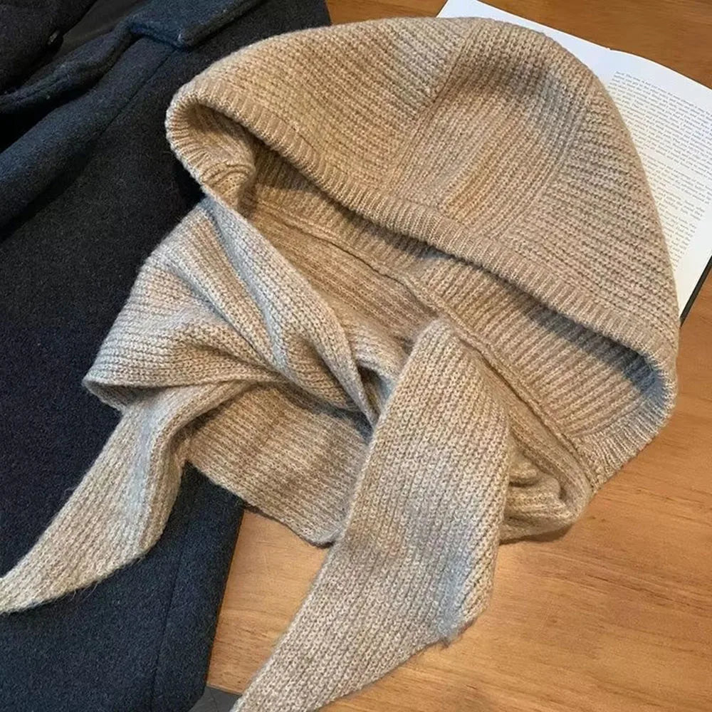 Knitted Hooded Scarf for Women Winter Warm Balaclava Hat Scarf 2 In 1 Neck Warmer Windproof Ear Cover Outdoor Fashion Headwear