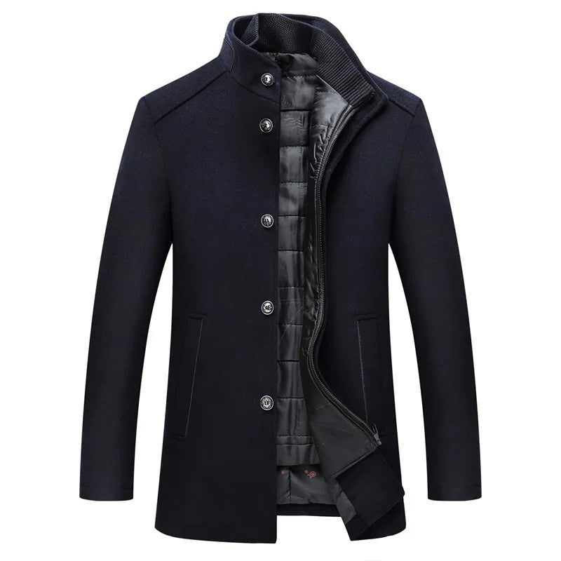 Winter Men's Wool Coat Solid Stand Collar Wool Overcoat Removable Liner Thicken Outerwear Men's Clothing Father Coats