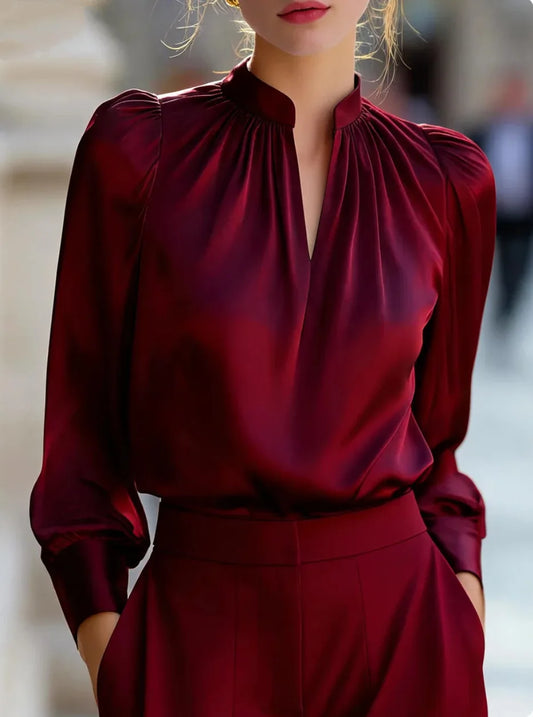 Women Stand Collar Long Sleeve Satin Blouse with Puff Sleeve Elegant Office Lady Top for Work Evening
