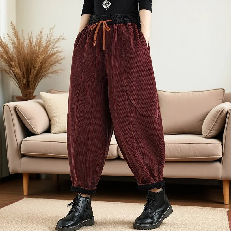 Corduroy Bloomers Women Loose Harlan New Elastic Waist Warm Retro Trousers Autumn Winter Fashion Big Pocket Wide-Leg Pants