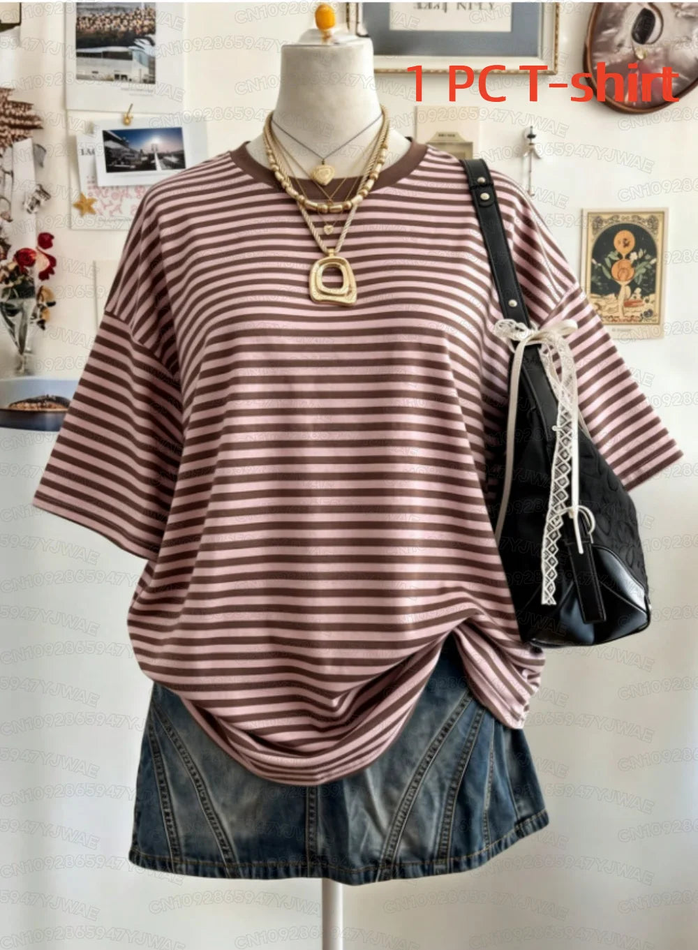 Summer Y2K Striped Print Casual Oversized Round Neck Drop Shoulder Women Short Sleeve T-shirt Street Casual Sports Top