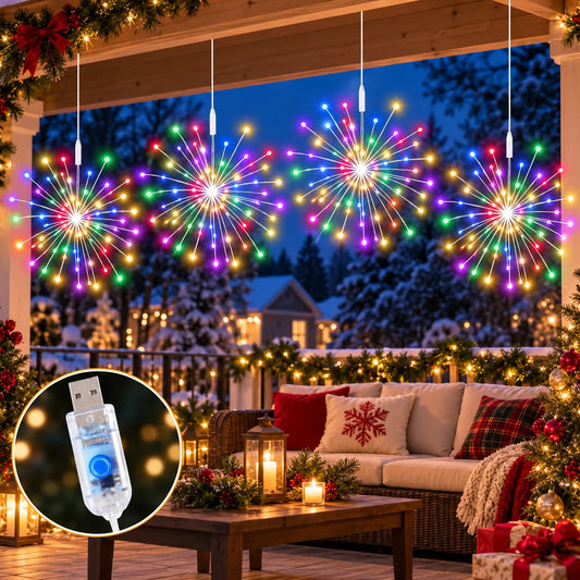 Christmas Firework Lights USB Starburst Fairy String Lights 8 Modes Multicolor Hanging Decor for Tree Window Patio Party