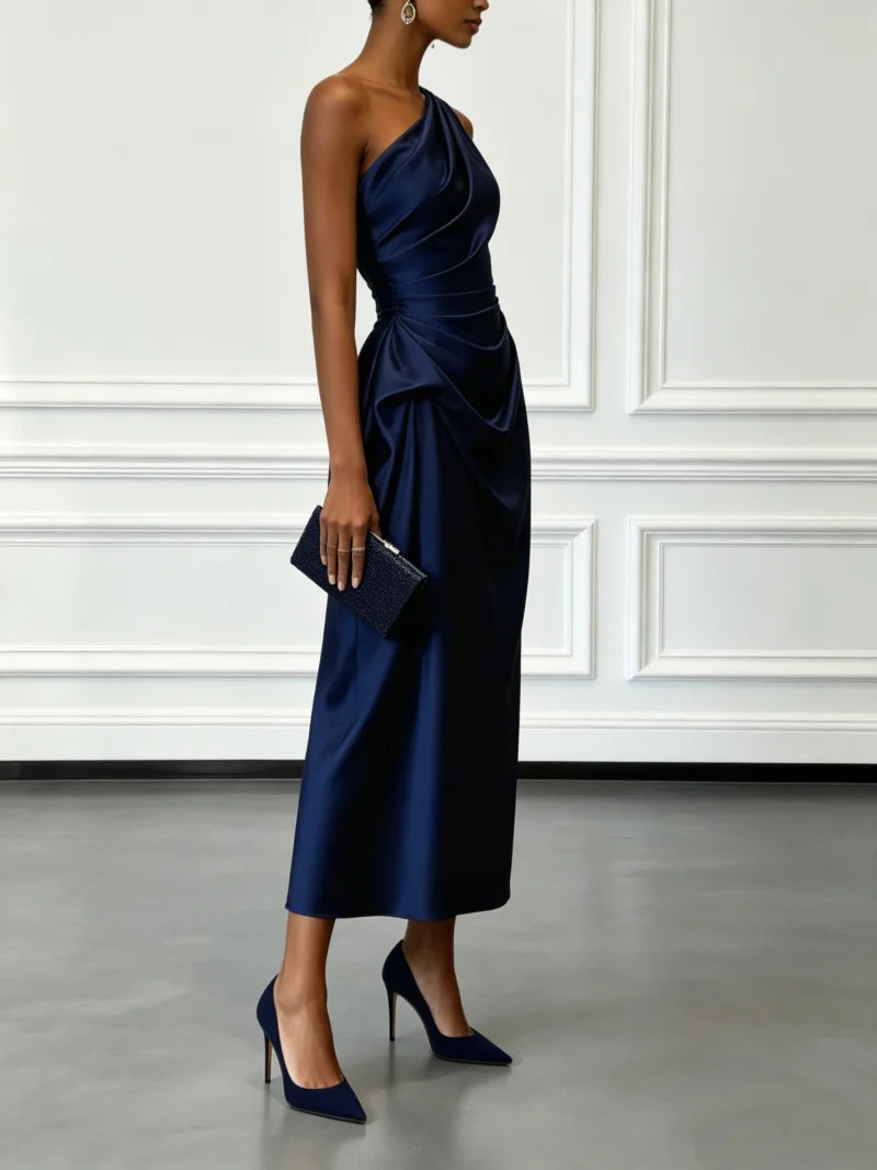 One Shoulder Asymmetrical Neck Satin Midi Dress All Over Side Ruched Draped Detail