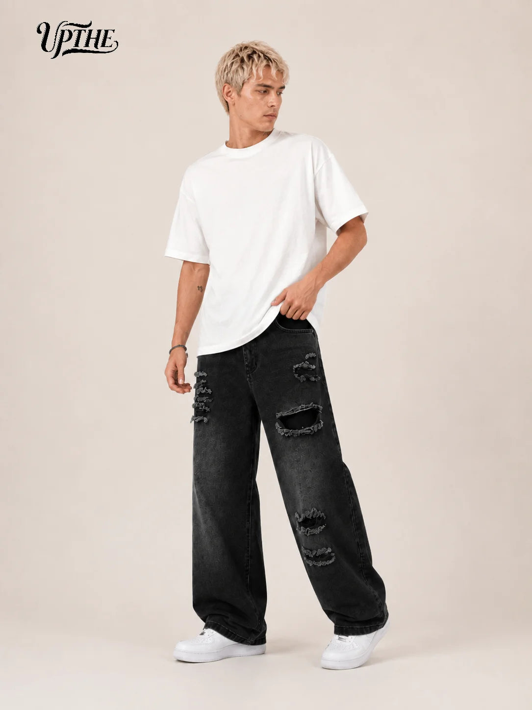 Men's Baggy Wide Leg Ripped Jeans, Y2K Distressed Jacquard Denim Pants, Loose Fit Hip Hop Streetwear Casual Denim Trousers for Men