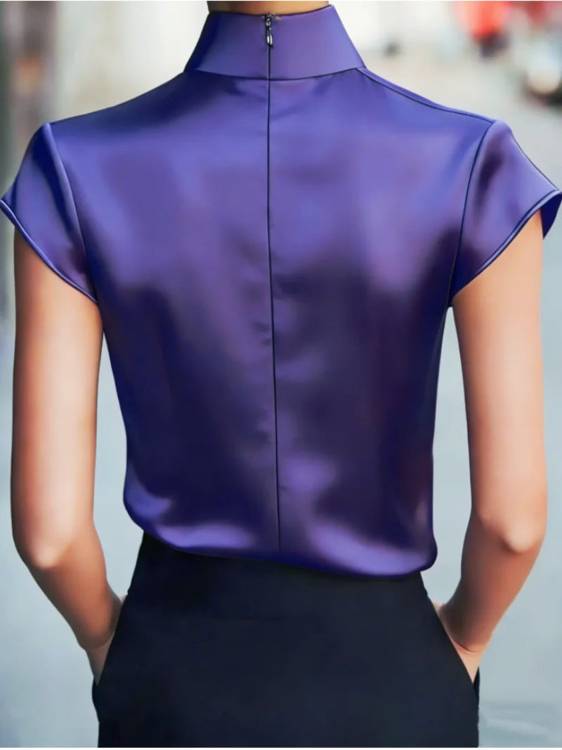 Women Short Sleeve High Neck Satin Blouse Pleated Front Top Solid Elegant Office Party Wear