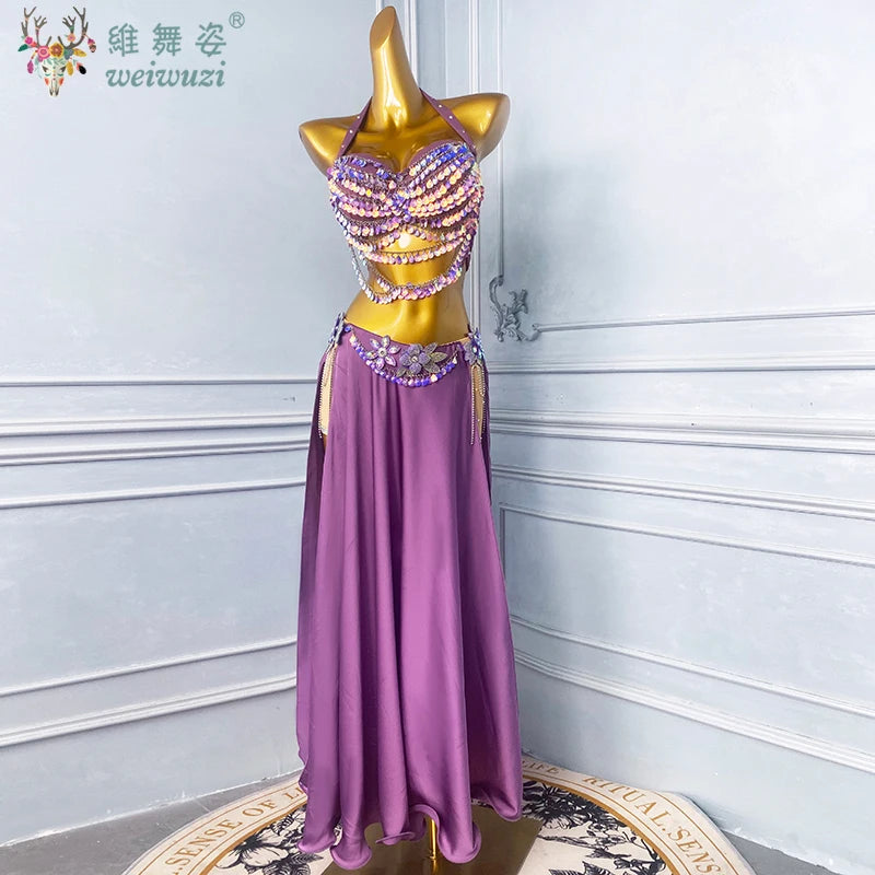 Belly Dancing Performance Set for Women's Customized Senior Sequin Bra+Sexy Split Long Skirt Oriental Dance Competition Costume