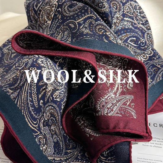 70% Wool 30% Silk Scarf Luxury Brand Neck Warmer Vintage Ethnic Navy Blue Paisley Print Square Scarf Winter Head Scarf