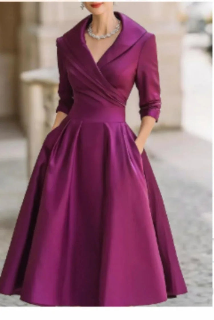 Shawl Lapel Cross V Neck Midi Dress 3 4 Sleeve High Waist A Line Pocket Dress Formal Wedding Guest Outfit