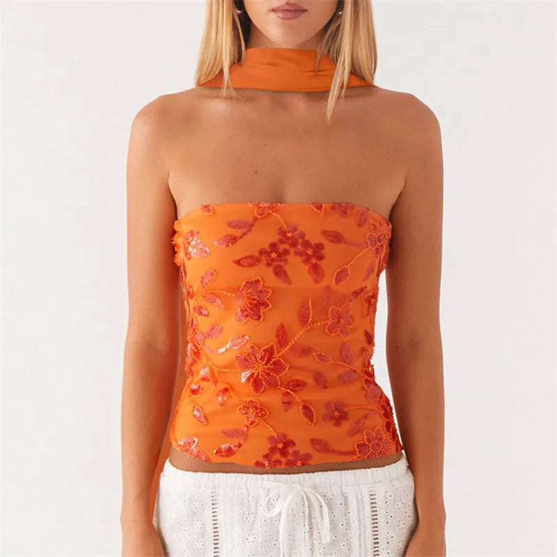 hirigin Women Y2K Sequin Tube Top with Scarf Sexy Backless Pearl Embellished Beaded Cami Bling Glitter Rhinestone Camisole