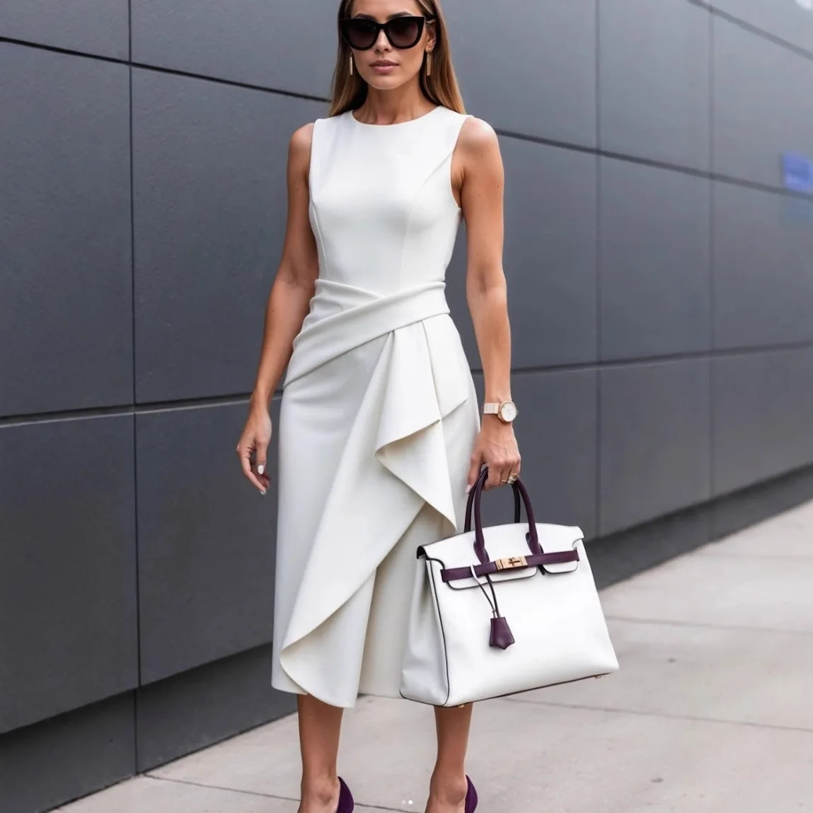 Women Sleeveless Round Neck Midi Dress Asymmetric Ruffle Waist Elegant Party Office Lady Fashion Summer