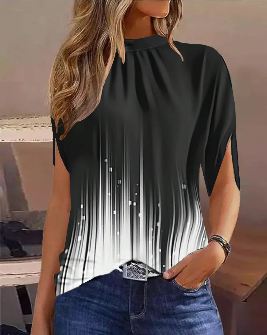 Fashion Shawl Design Short Sleeve Top Shirt Vintage Green Gradient Print Female Loose Pullover Blouse Women Elegant O-Neck Shirt