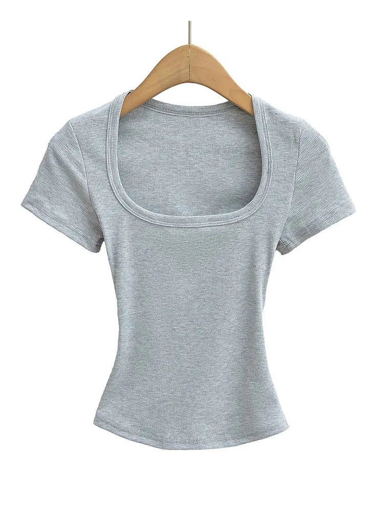 Square Collar High Stretch Summer Crop Tops Women Short Sleeve Tops Sexy Pullover Bottoming Blouses Slim T-shirt