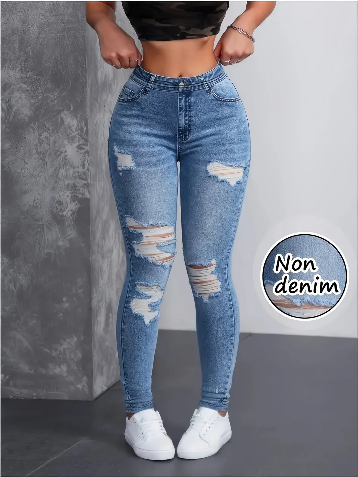 Fashion Women's Faux Denim Printed Skinny Pants, High-Elastic Seamless Leggings with Fake Pockets, Full-Length Sports Leggings