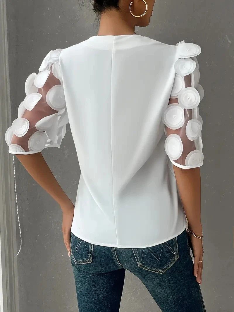 3D Floral Applique Sheer Sleeve V Neck Chiffon Blouse Top For Women