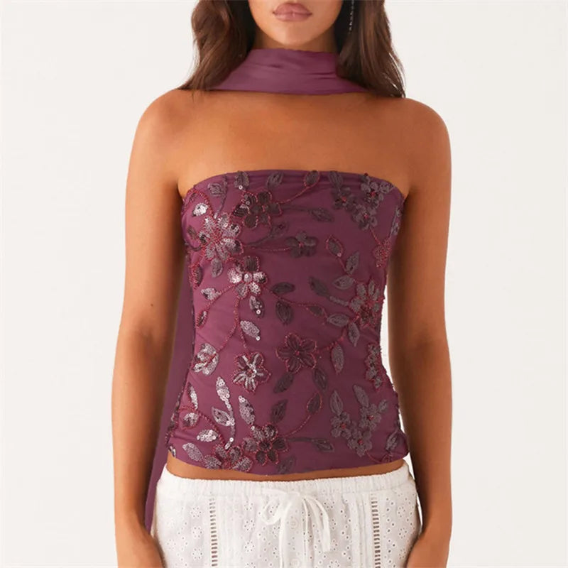 hirigin Women Y2K Sequin Tube Top with Scarf Sexy Backless Pearl Embellished Beaded Cami Bling Glitter Rhinestone Camisole