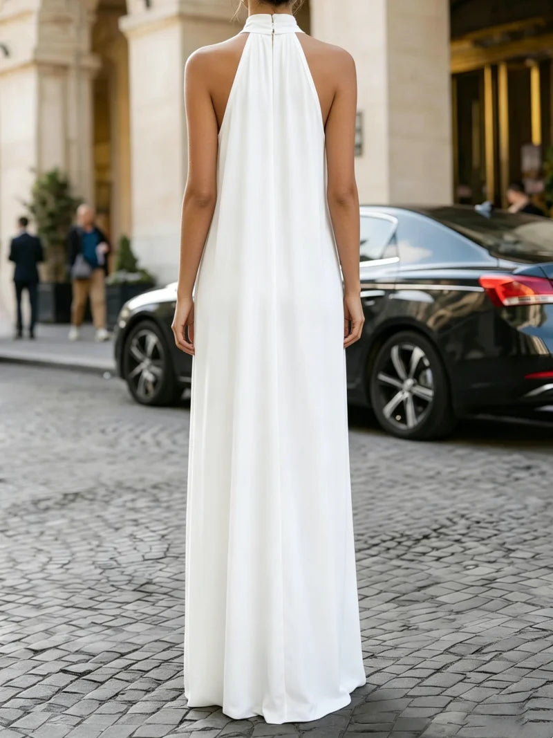 Chic Solid Color Halter Collar Floor Length Dress Female Formal Occasion Office Lady New