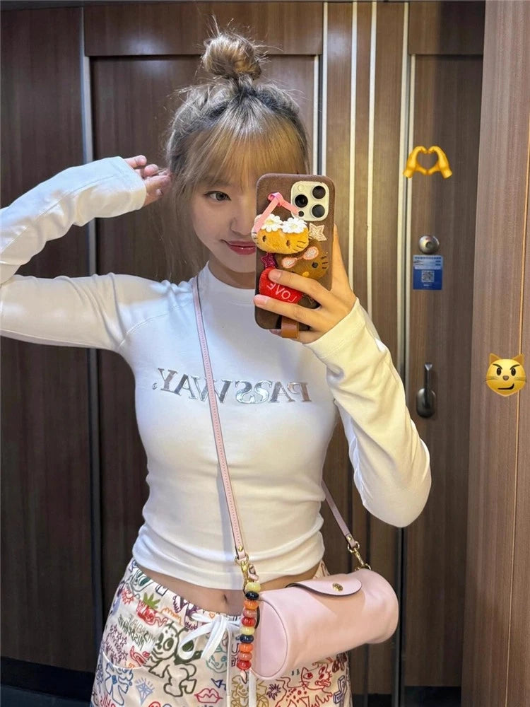 Seeslim Hotsweet Black Print Letter Graphic T Shirts Long Sleeve Slim 2000s Clothes Y2k Tees Female Clothing T-shirt Autumn Top