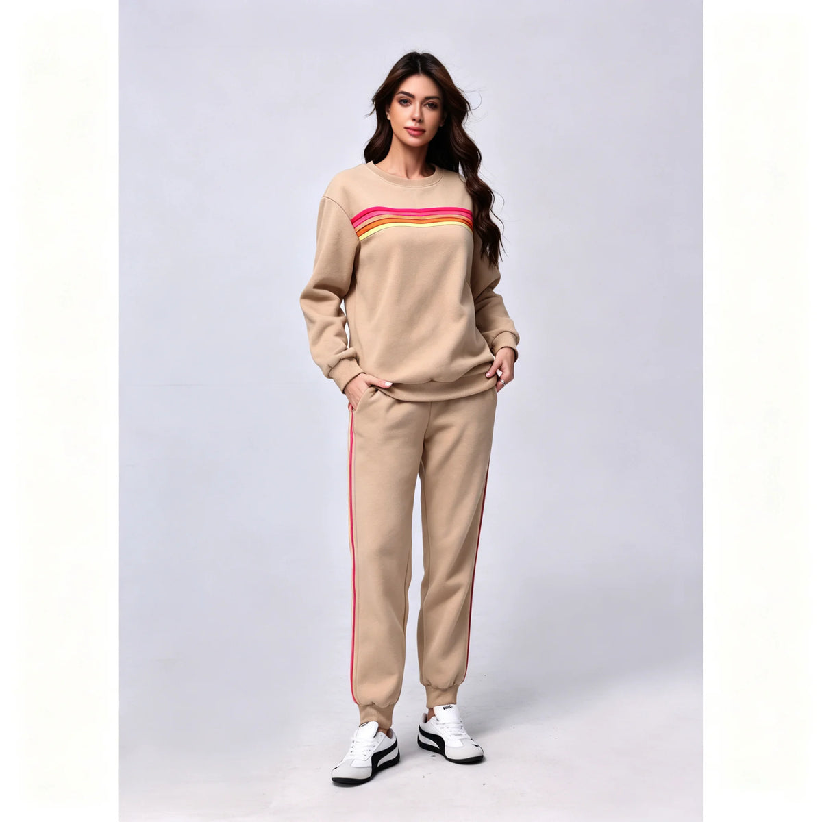 Women's 2 Piece Outfits Rainbow Stripe Sweatsuit Set Long Sleeve Crewneck Sweatshirt Pullover Top & Jogger Pants with Pockets Soft Casual Loungewear Tracksuit Oversized Relaxed Fit Matching Set for Fall Winter Streetwear