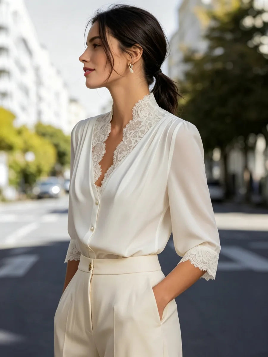 Women Lace Trim V Neck Blouse Three Quarter Sleeve Front Button Pleated Elegant Casual Commuter Shirt