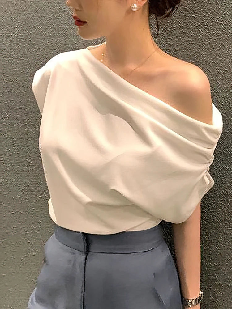 Korean Elegant Summer Off shoulder Top Women One shoulder Loose Casual Short sleeve T shirt Fashion Basic Blouse Lady Spring Sum