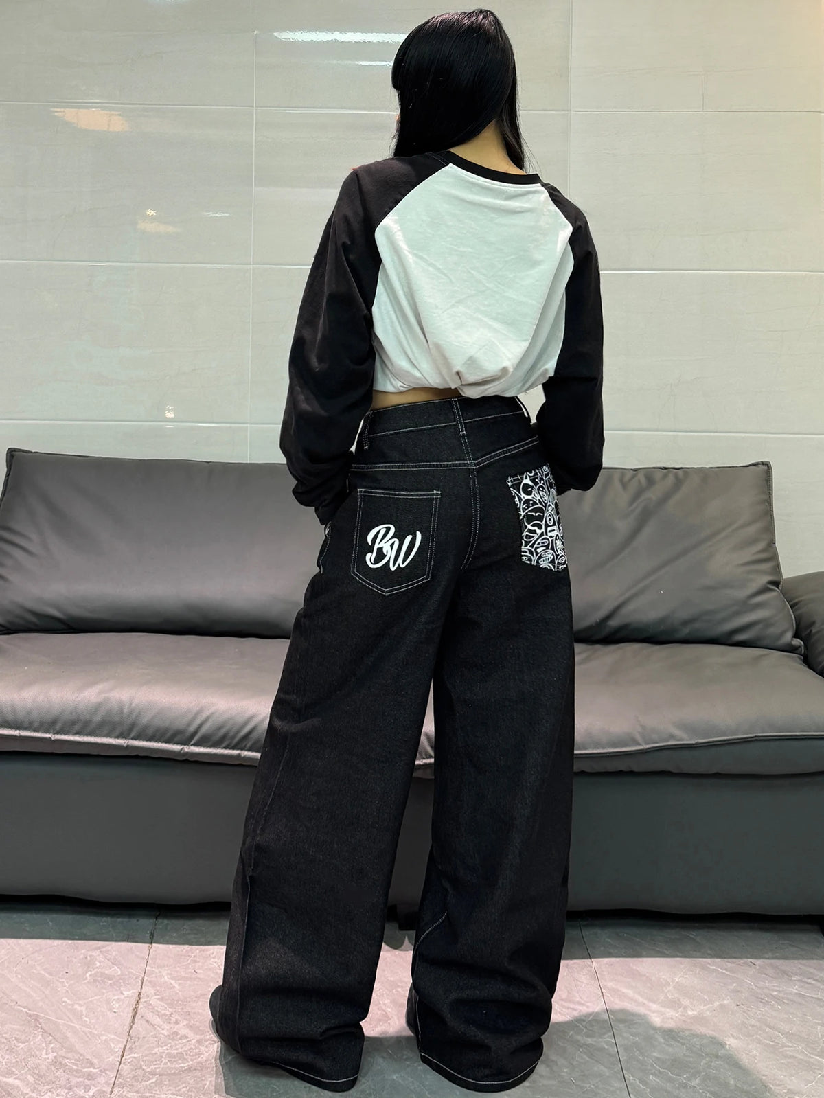 Cartoon Print Wide Leg Jeans in Black