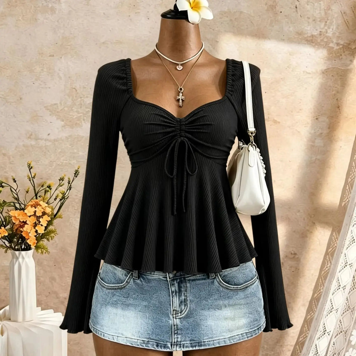Women Square Neck Ruched Drawstring Bust Flare Long Sleeve Peplum Top Ribbed Knit Solid Black Slim Fit Casual Blouse