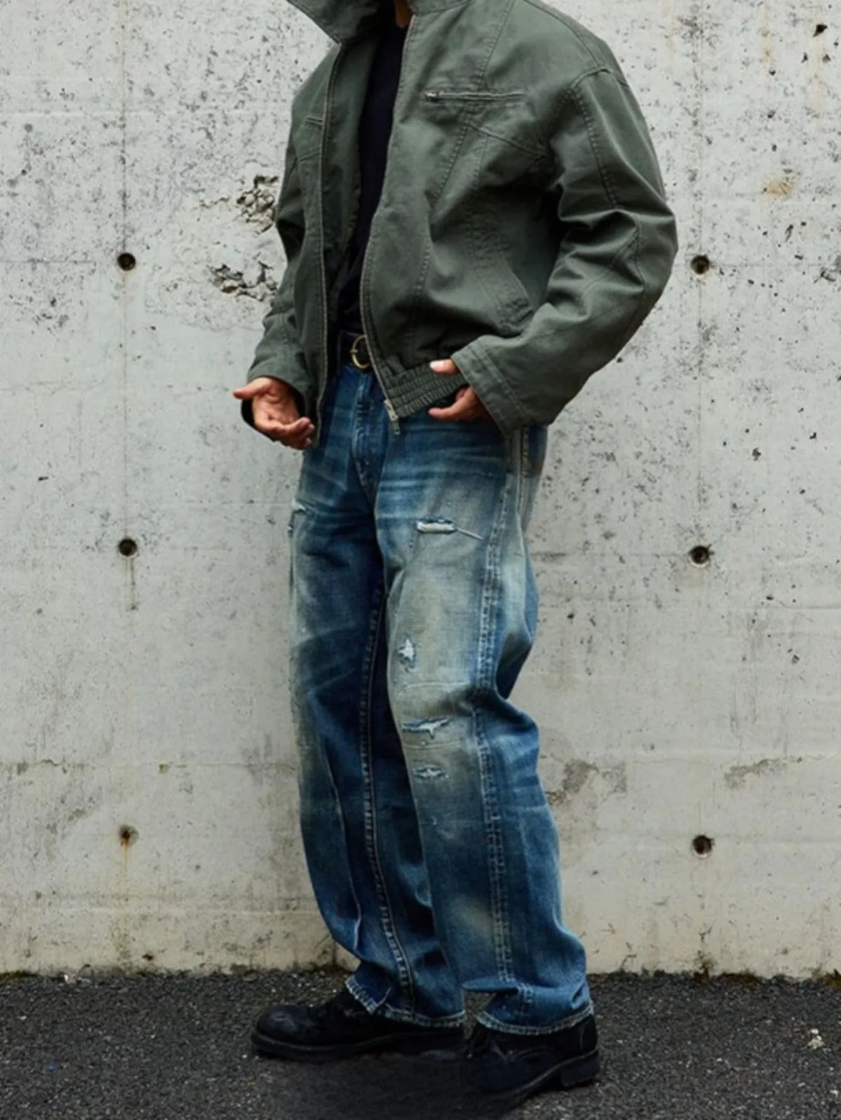 【HME】Men's jeans | Elastic Rear Waist Vintage Destroyed‑effect denim pants, retro cat‑whisker fade men denim trousers, multi‑position subtle frayed rip, roomy wide‑leg silhouette street men pants