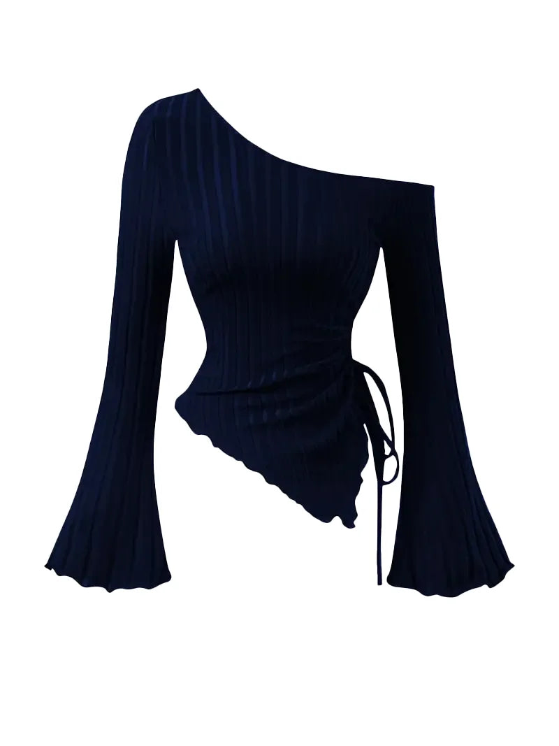 Women's Off-Shoulder Cross Long-Sleeved Slim Fit T-Shirt Asymmetrical Street Style Casual Elegant Top with Trumpet Sleeves