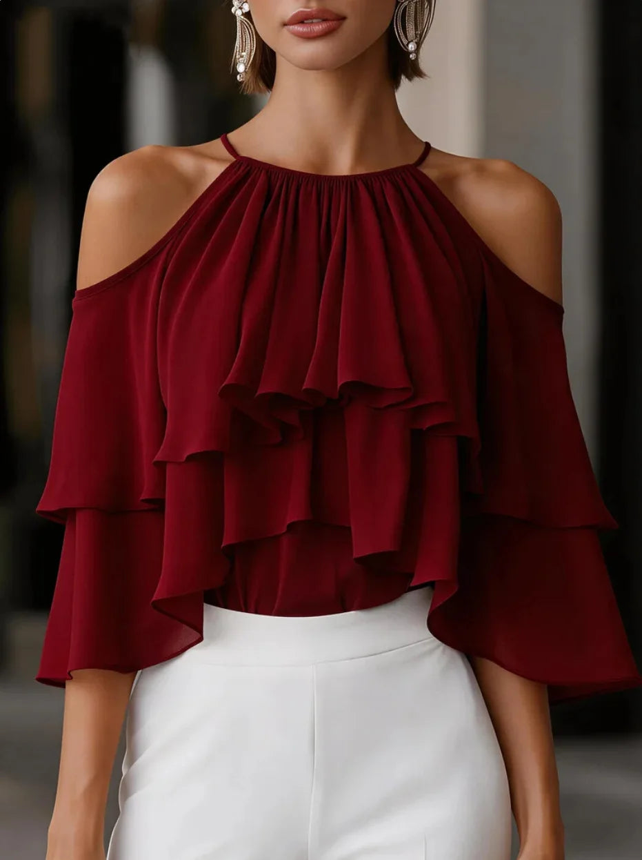 Women Cold Shoulder Halter Blouse Ruffle Layered Chiffon Tops Casual Party Shirts