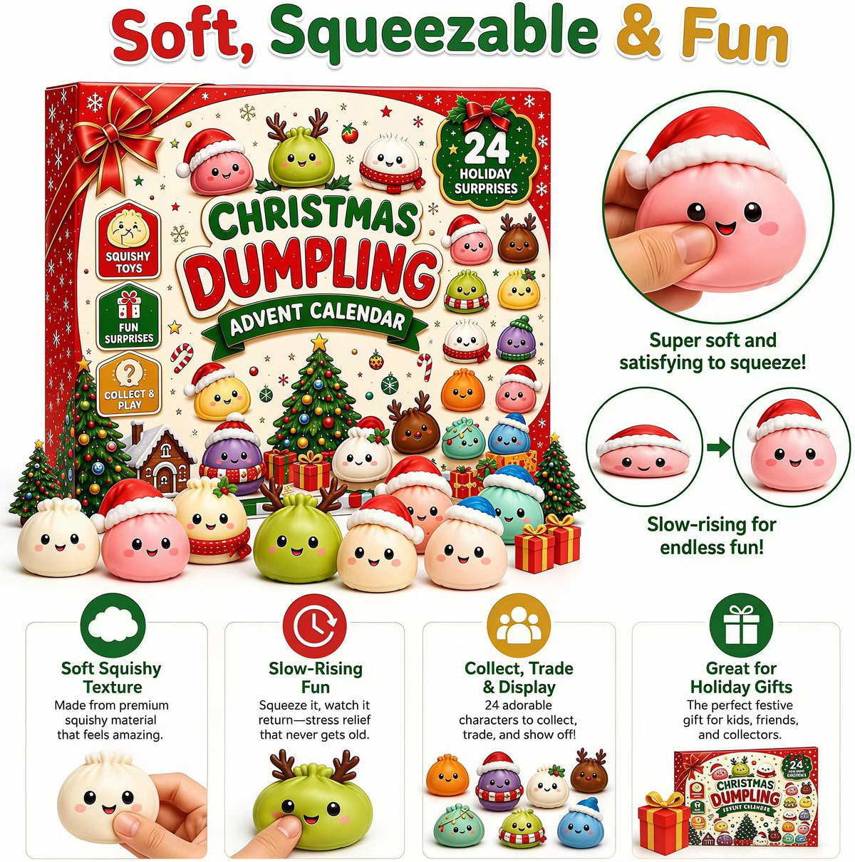 2026 Christmas Squishies Advent Calendar 24 Days Countdown Dumpling Squishy Stress Relief Fidget Mystery Surprise Gift Box Decor