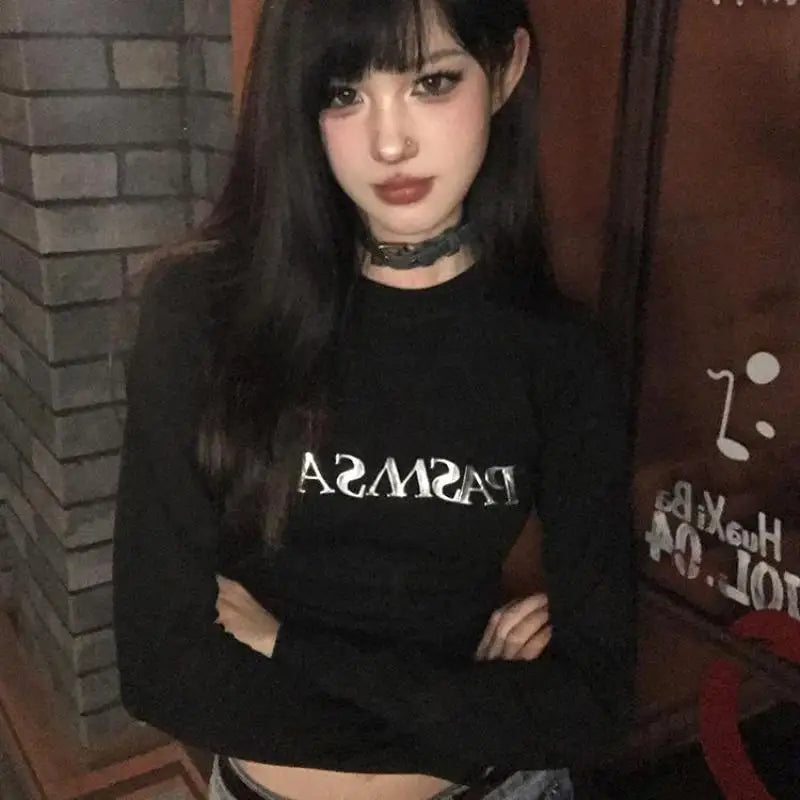 Seeslim Hotsweet Black Print Letter Graphic T Shirts Long Sleeve Slim 2000s Clothes Y2k Tees Female Clothing T-shirt Autumn Top