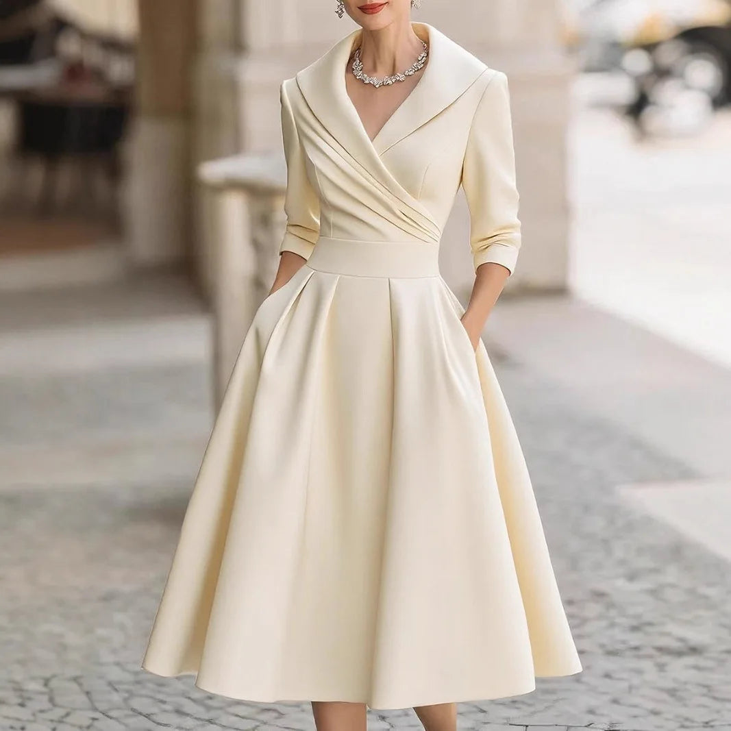 Shawl Lapel Cross V Neck Midi Dress 3 4 Sleeve High Waist A Line Pocket Dress Formal Wedding Guest Outfit