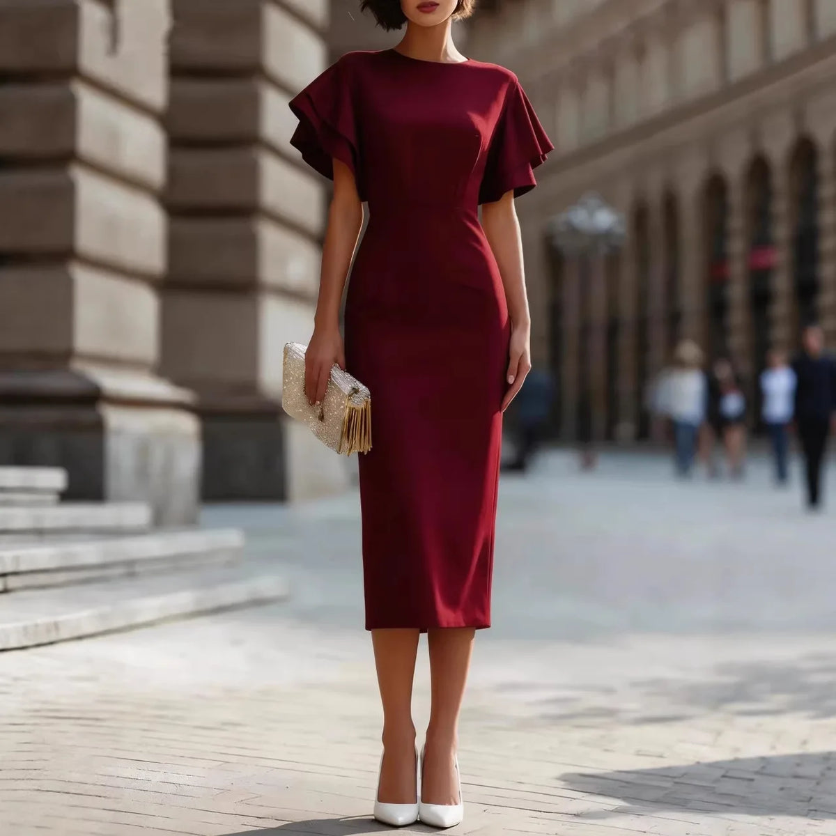 Elegant Ruffle Sleeve Midi Dress Women Slim Fit Bodycon Party Wedding Guest Formal Evening Gown