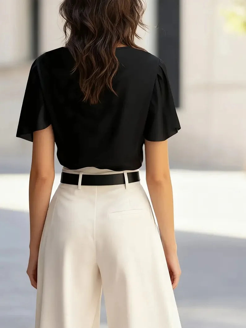 Elegant Short Sleeve Satin Top Women Casual Office Lady  Breathable Fabric Spring Summer New Arrival